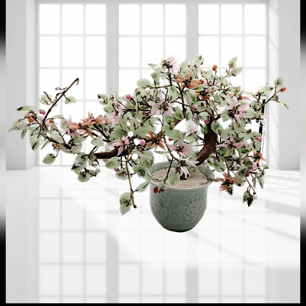 Bonsai Jade Tree Semi-Cascade Style with Pink, White, Salmon Glass